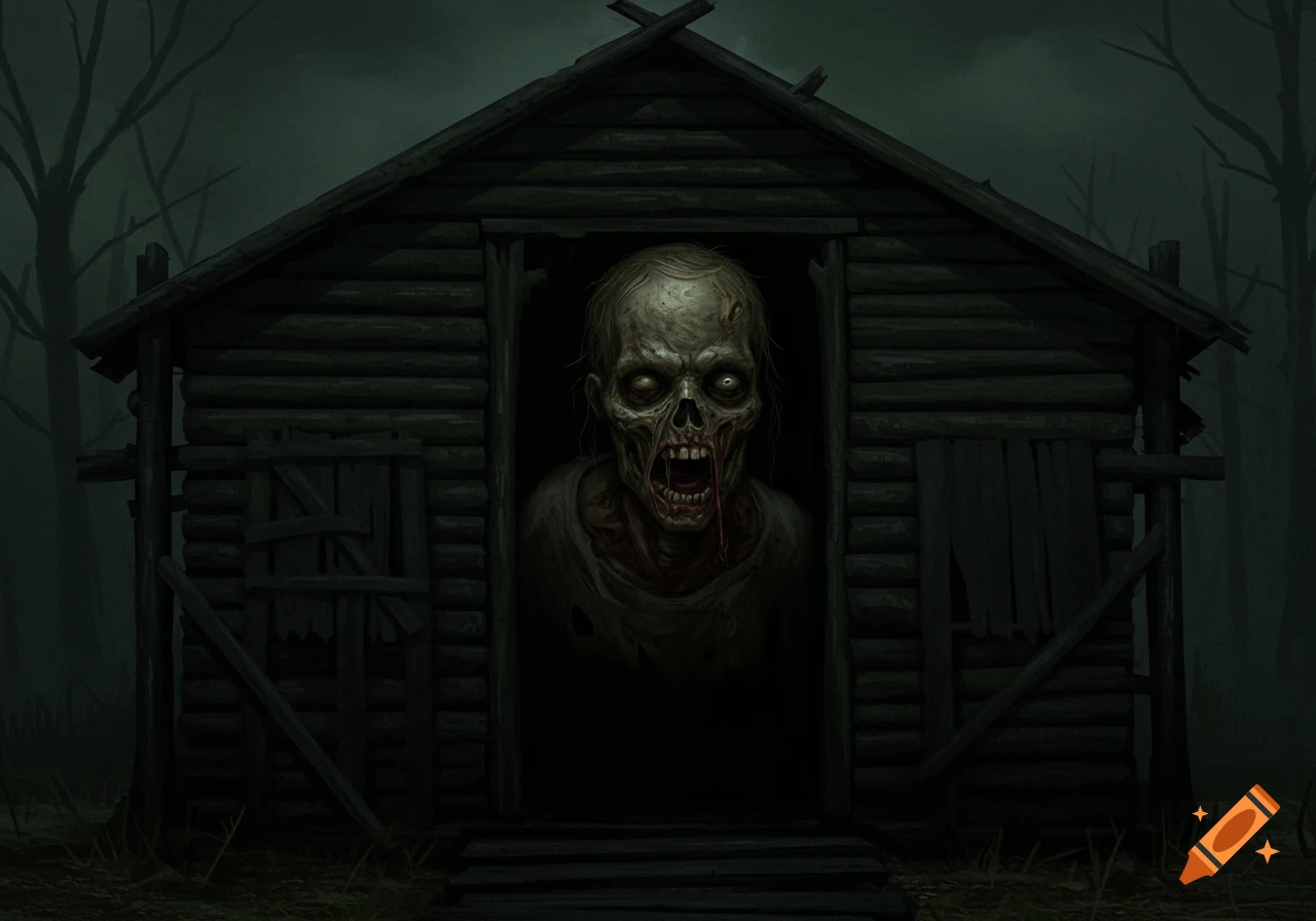 An illustration of a zombie emerging from the doorway of a dark wooden shack.