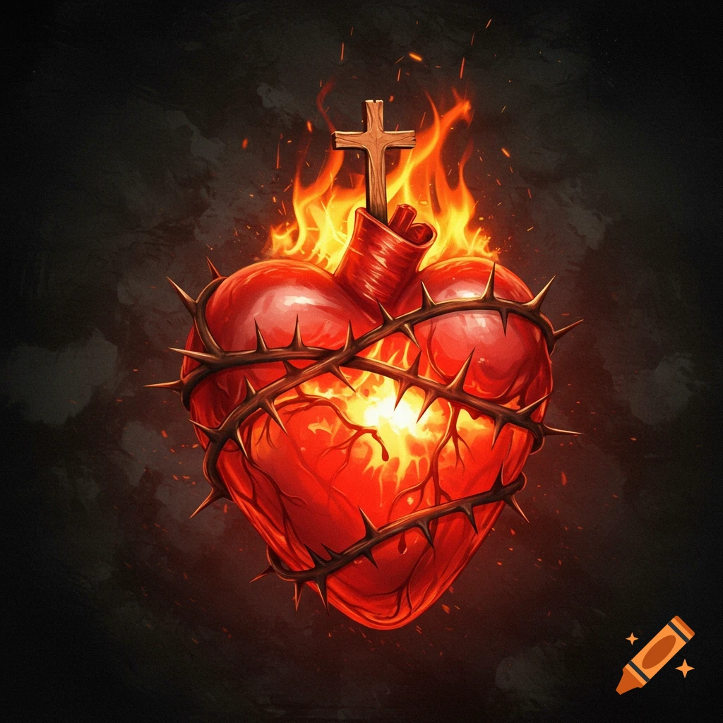 A flaming heart wrapped in thorns with a wooden cross on top.
