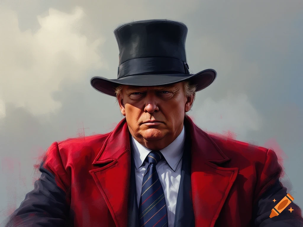 Painterly portrait of Donald Trump in a top hat and red coat.
