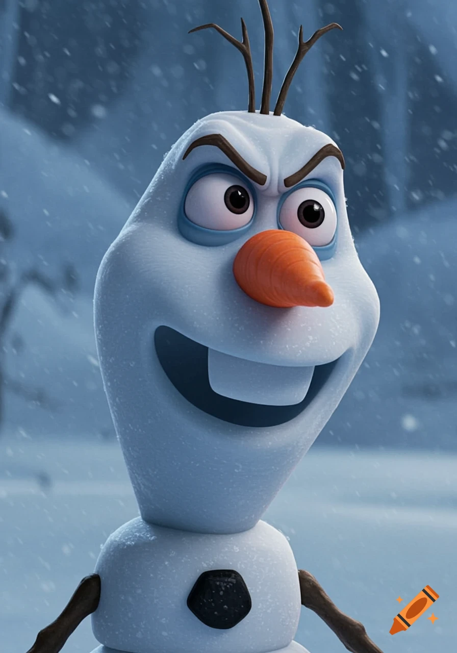 Close-up 3D render of Olaf the snowman in a snowy scene, looking determined