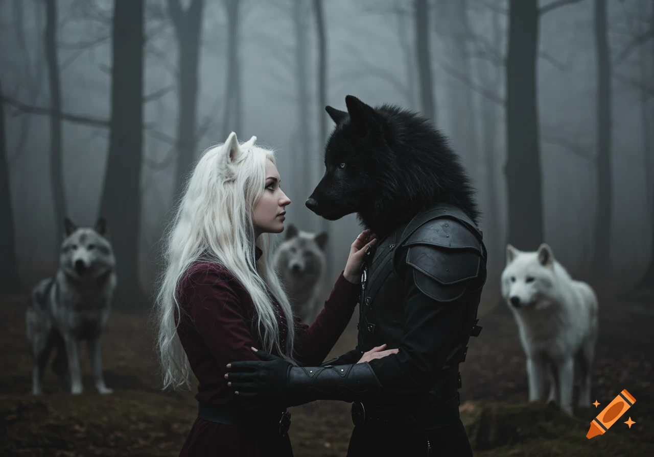 A woman with wolf ears and a man with a wolf head face each other in a foggy forest, surrounded by wolves. Dark fantasy style.