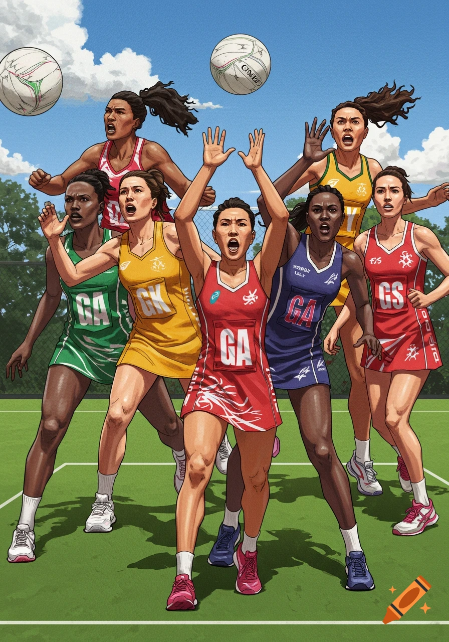 Illustration of netball players jumping for the ball on a court. on Craiyon