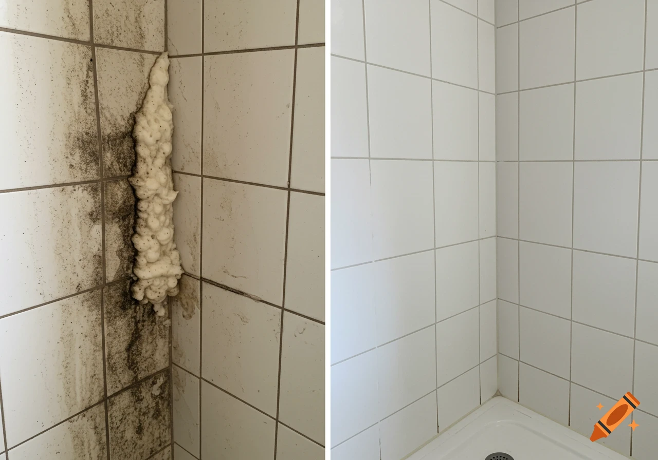 Side-by-side photo comparison showing a dirty shower corner covered in mold and scum next to the same corner after cleaning.