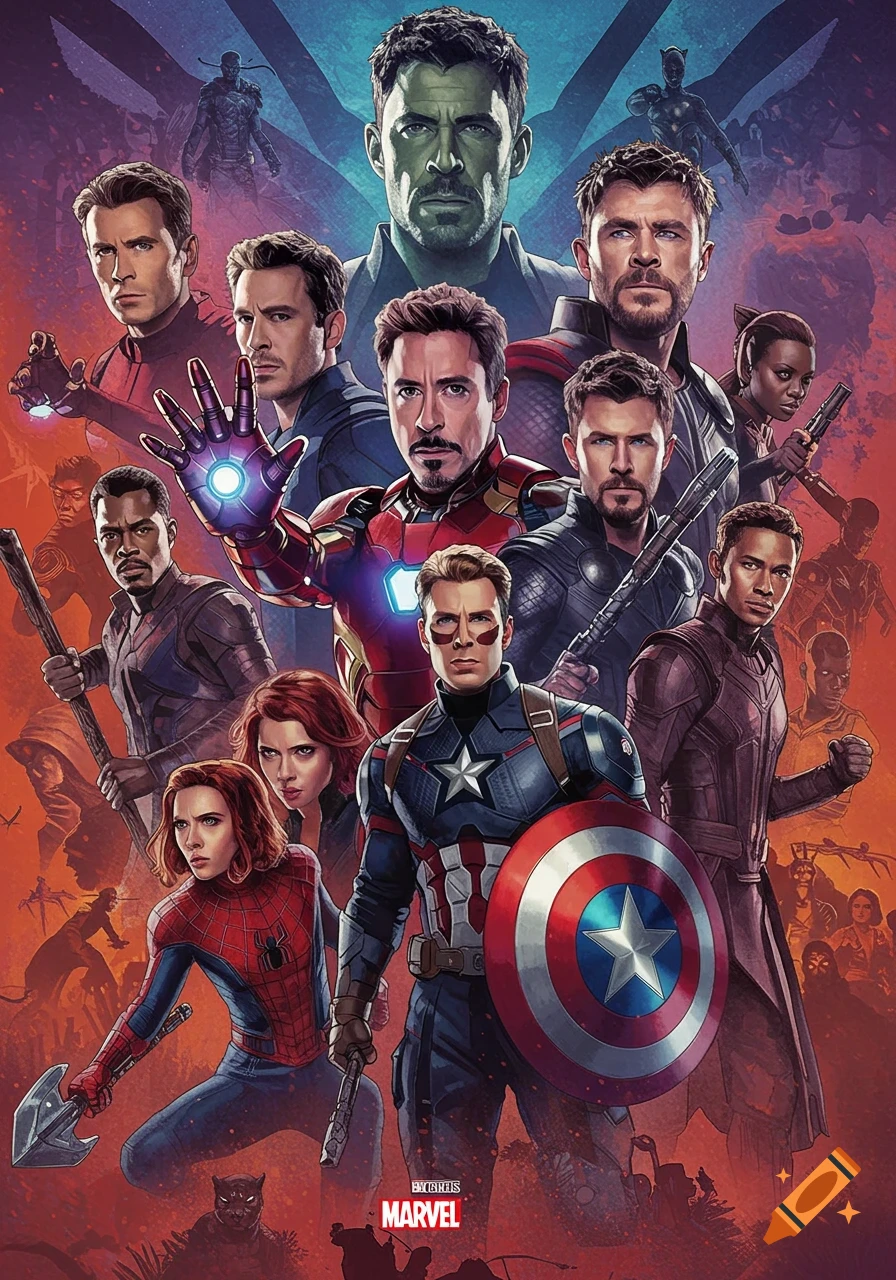 Group of MCU superheroes including Captain America, Iron Man, Hulk, Thor, Black Widow, and Spider-Man in a dynamic poster.
