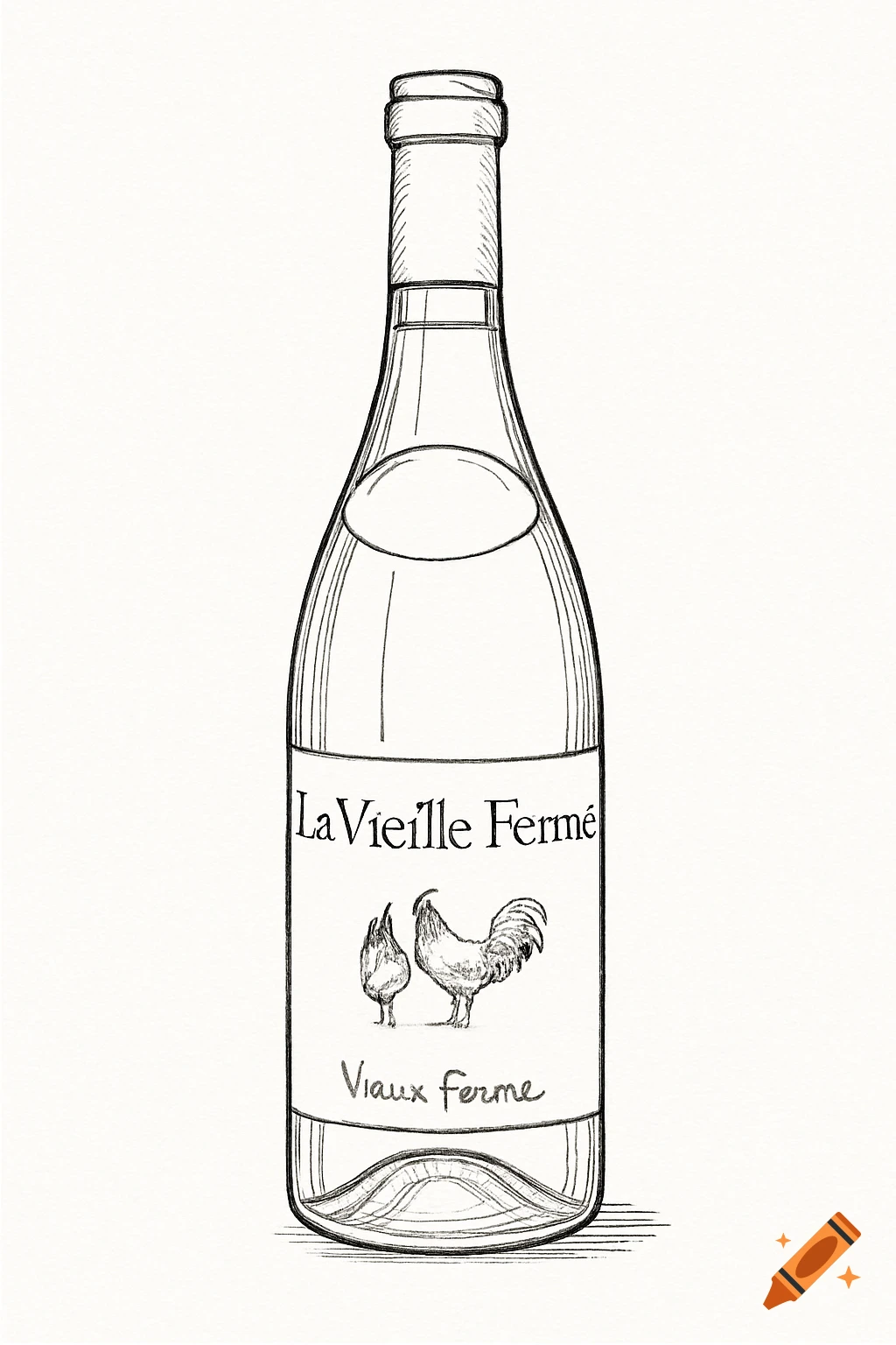 Black and white line drawing of a wine bottle with a label featuring two chickens and text.