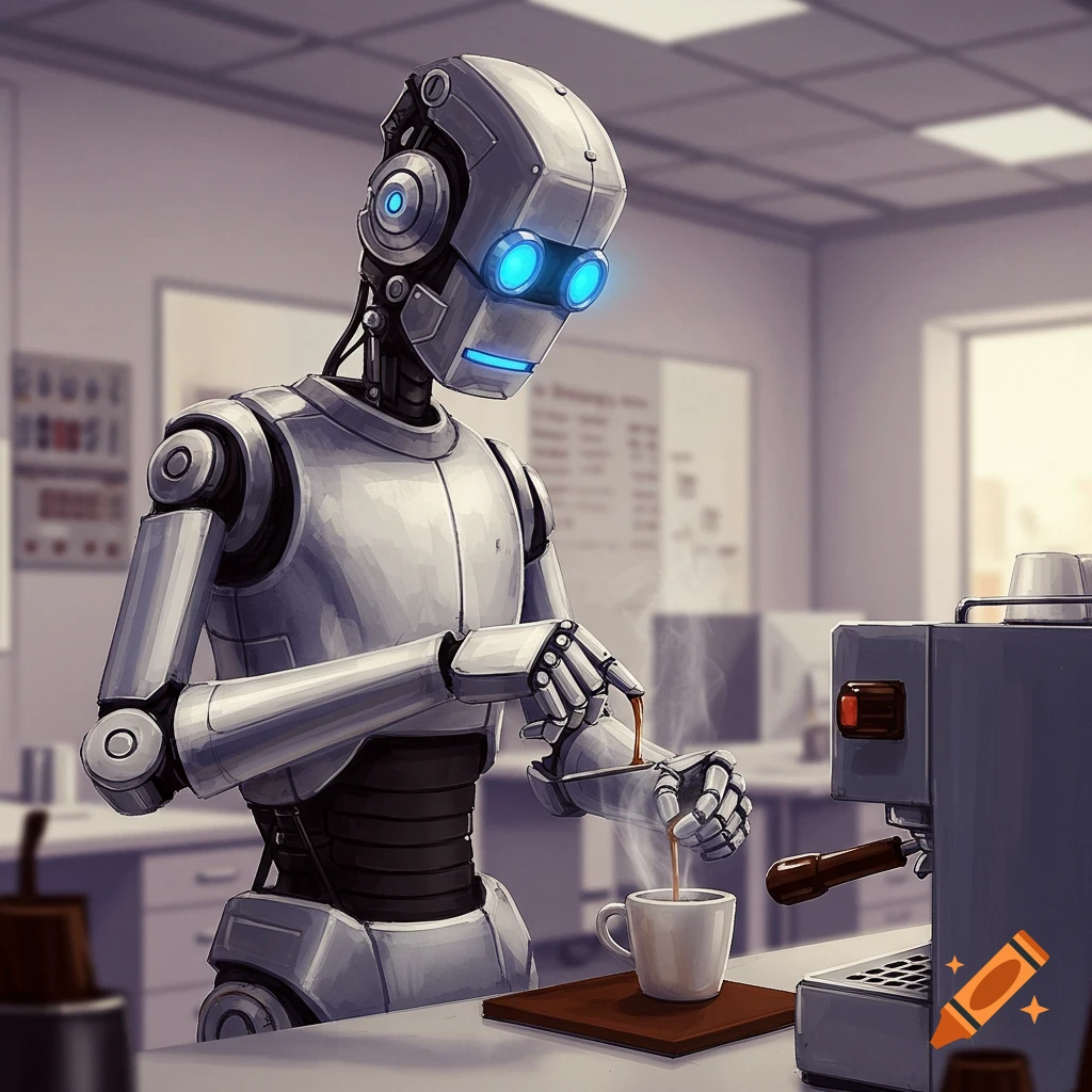A robot makes coffee using an espresso machine in an office.