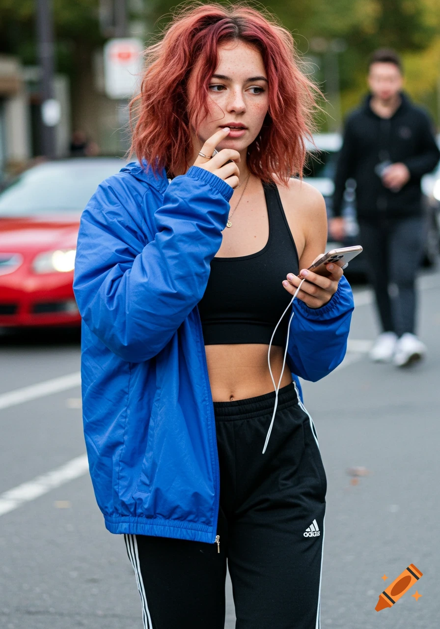 A woman with red hair, blue jacket, and black sports bra stands on a street looking at her phone.