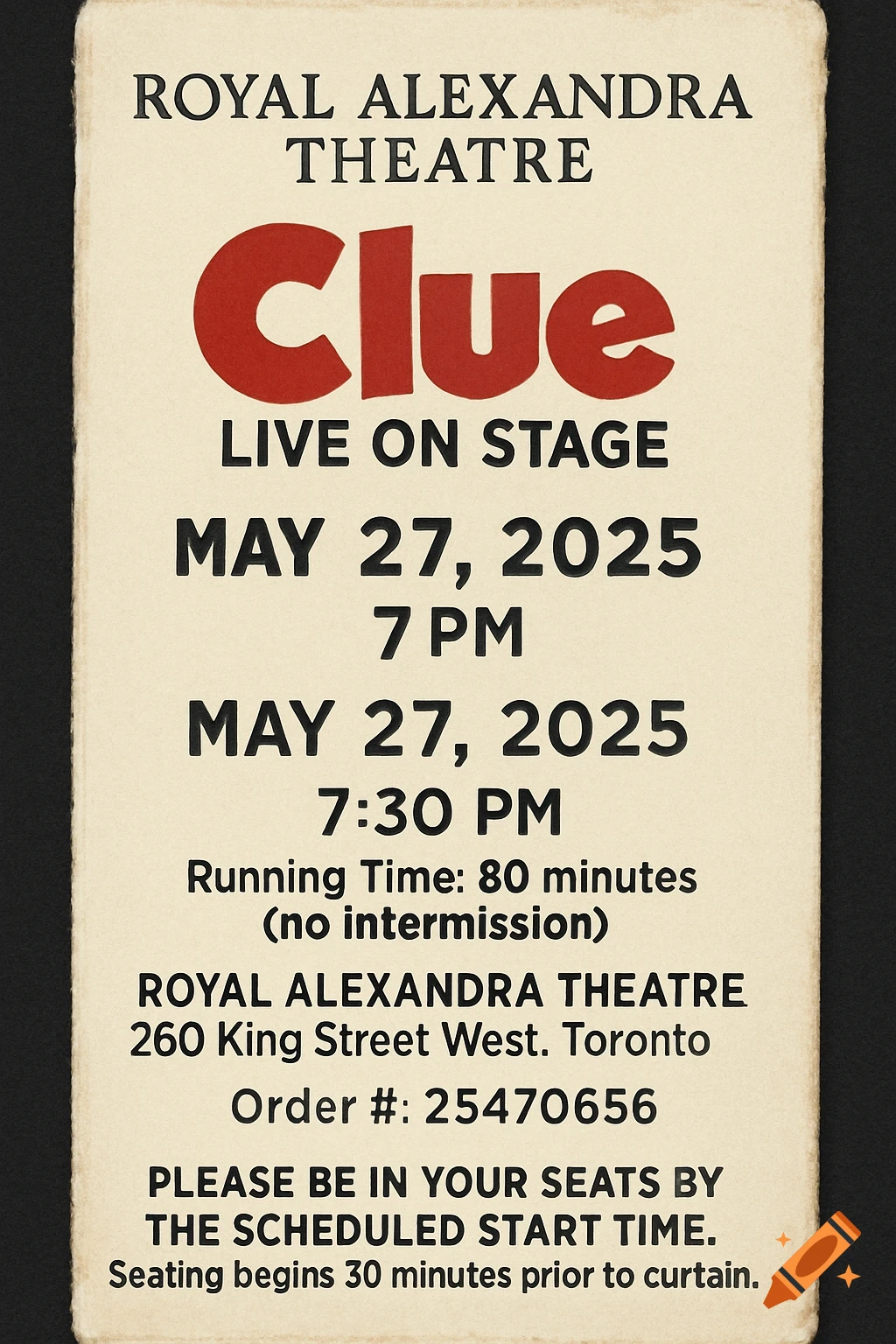 Ticket stub for Clue Live on Stage at Royal Alexandra Theatre listing performance details.