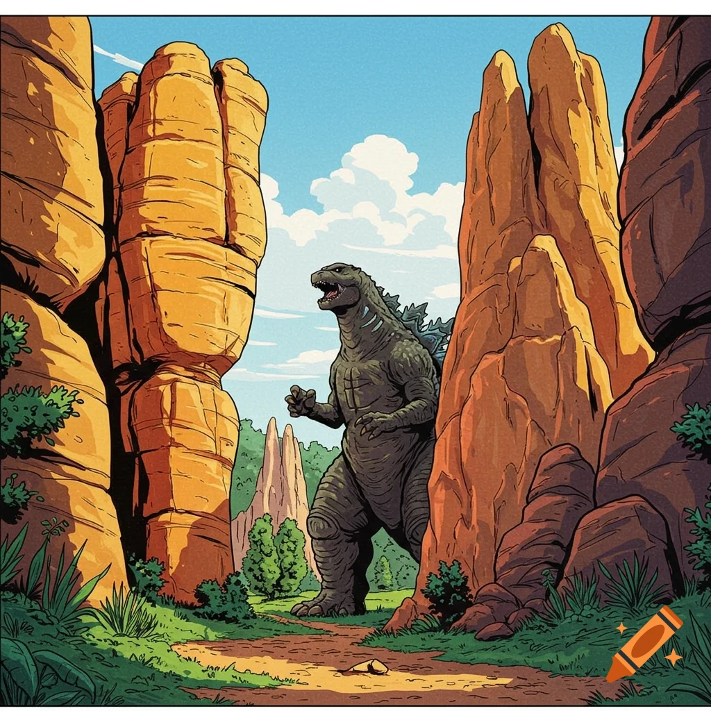 Godzilla stands between large rock formations in an illustrated landscape.