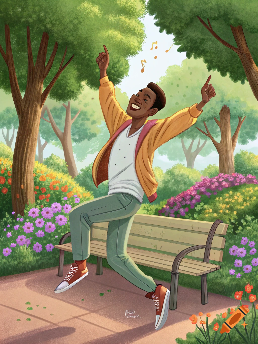 Illustration of a young man happily dancing in a park with trees and flowers.