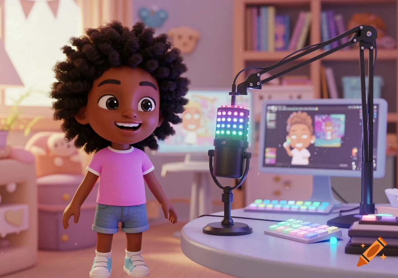 Cartoon child with afro standing in front of a streaming setup.