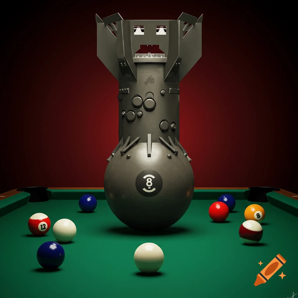 An atomic bomb shaped like an 8-ball stands on a pool table surrounded by other billiard balls.