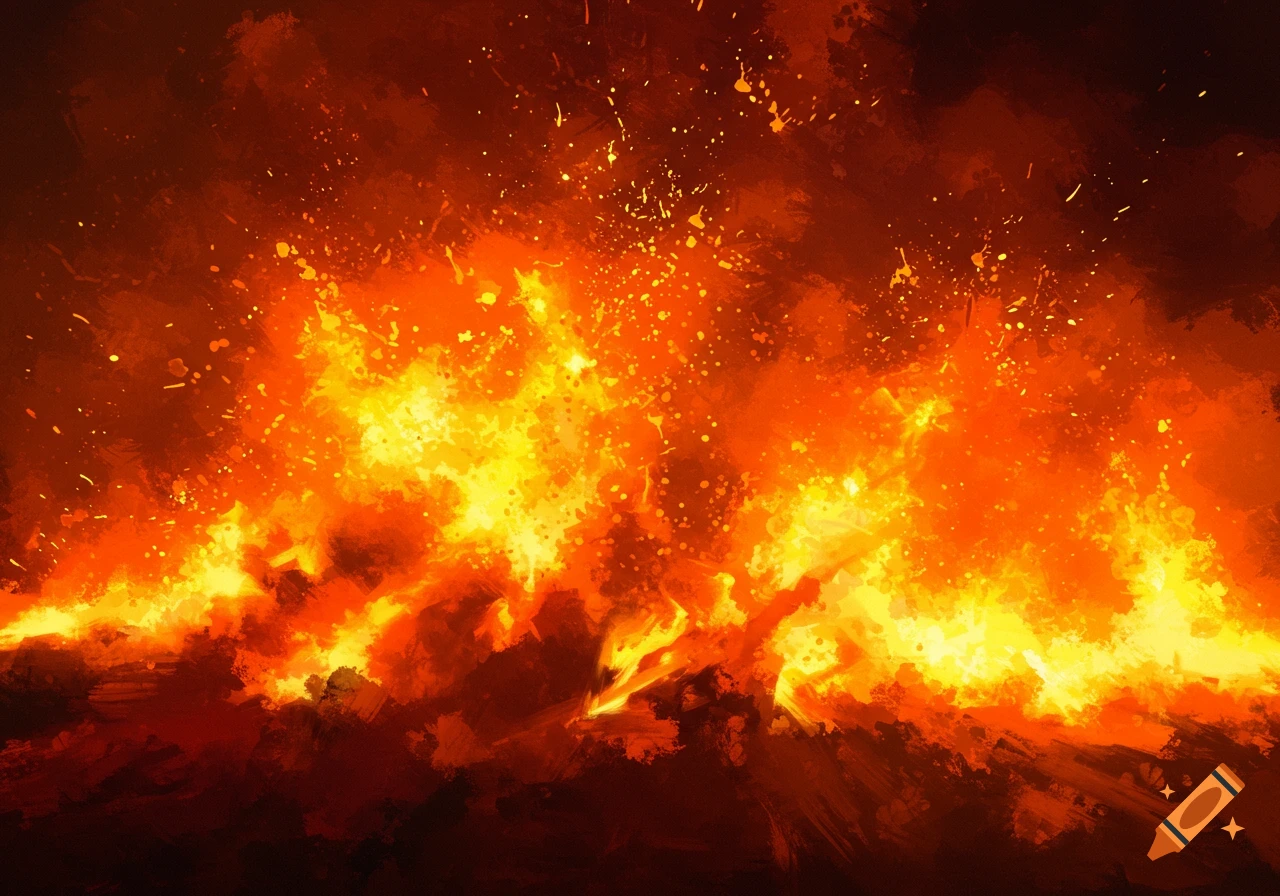 Abstract painting of a fiery splash with sparks