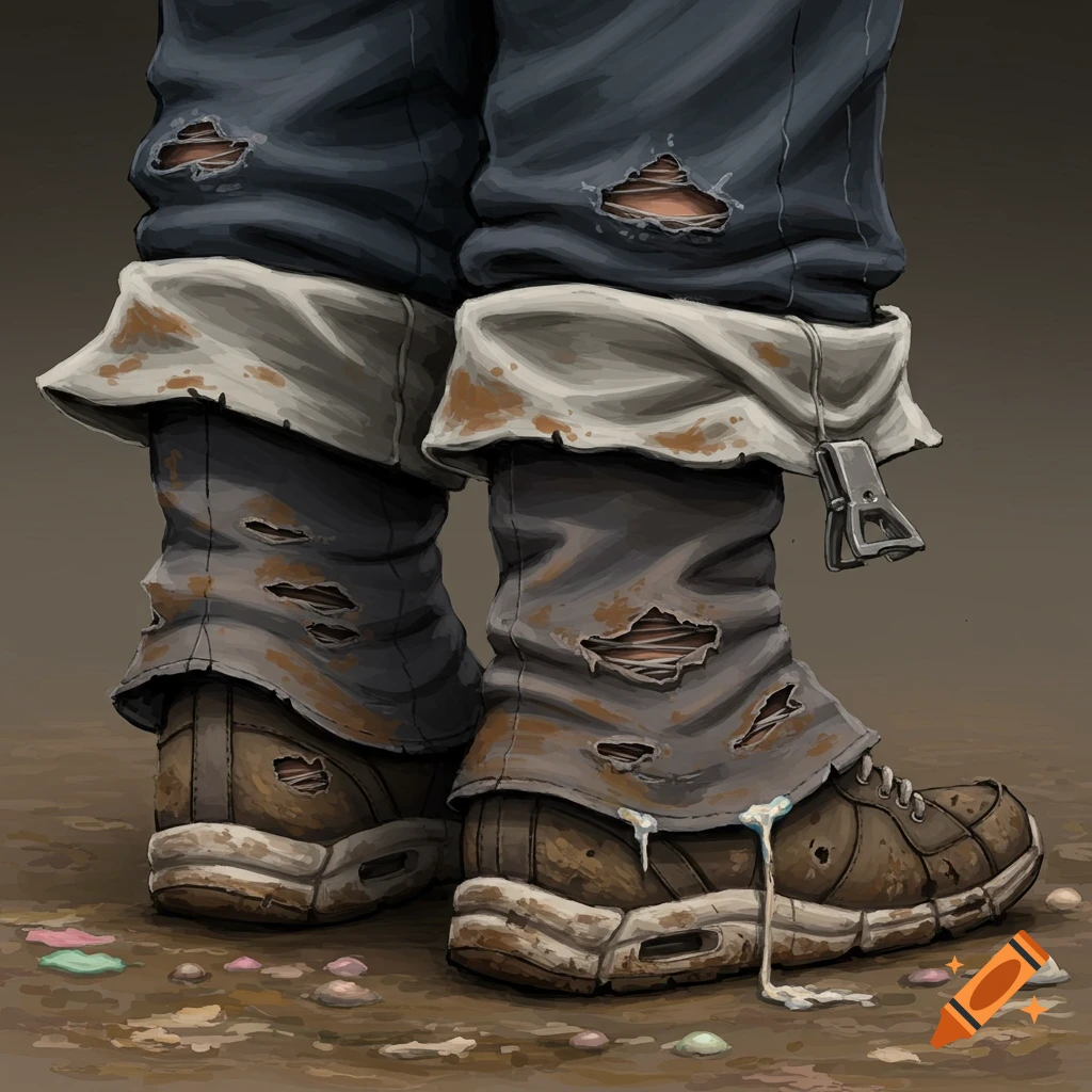 Close-up illustration of dirty, ripped pants folded over broken sneakers with debris on the ground.