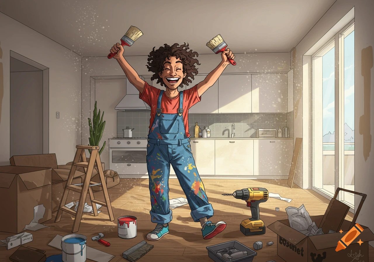 Illustrative image of a person covered in paint splatters, holding paint brushes up happily in a messy apartment undergoing renovation.
