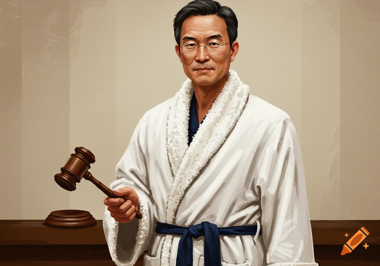 Illustration of a judge in a white bathrobe holding a gavel