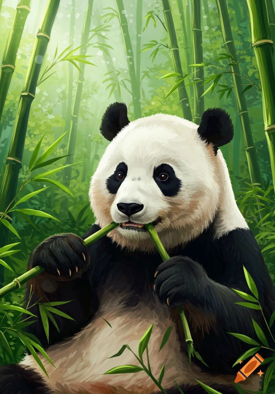 A giant panda sits eating bamboo shoots in a lush bamboo forest, rendered in a digital painting style.