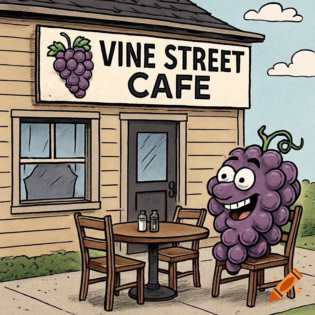 Cartoon illustration of a purple grape character sitting at an outdoor table at the Vine Street Cafe