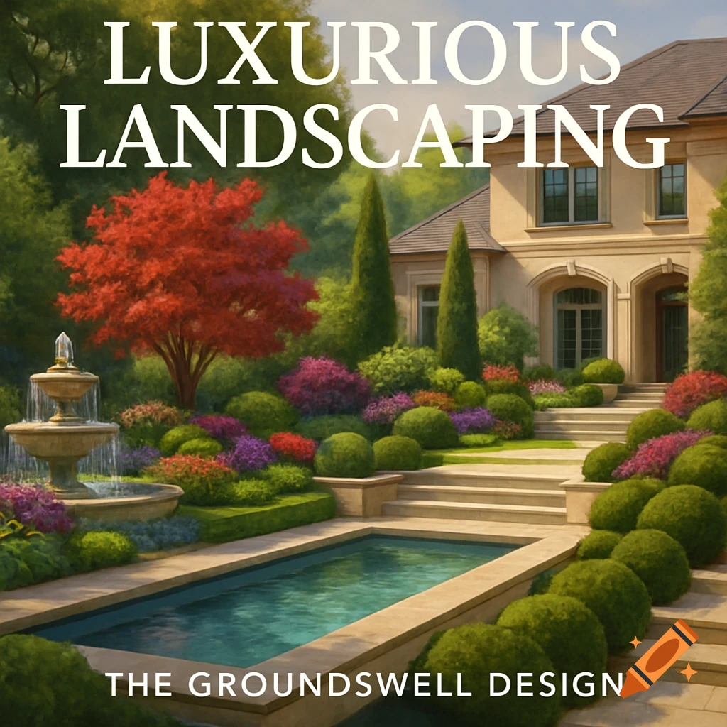 Luxurious house with extensive landscaping, pool, and fountain. Text overlay reads 'LUXURIOUS LANDSCAPING' and 'THE GROUNDSWELL DESIGN'.