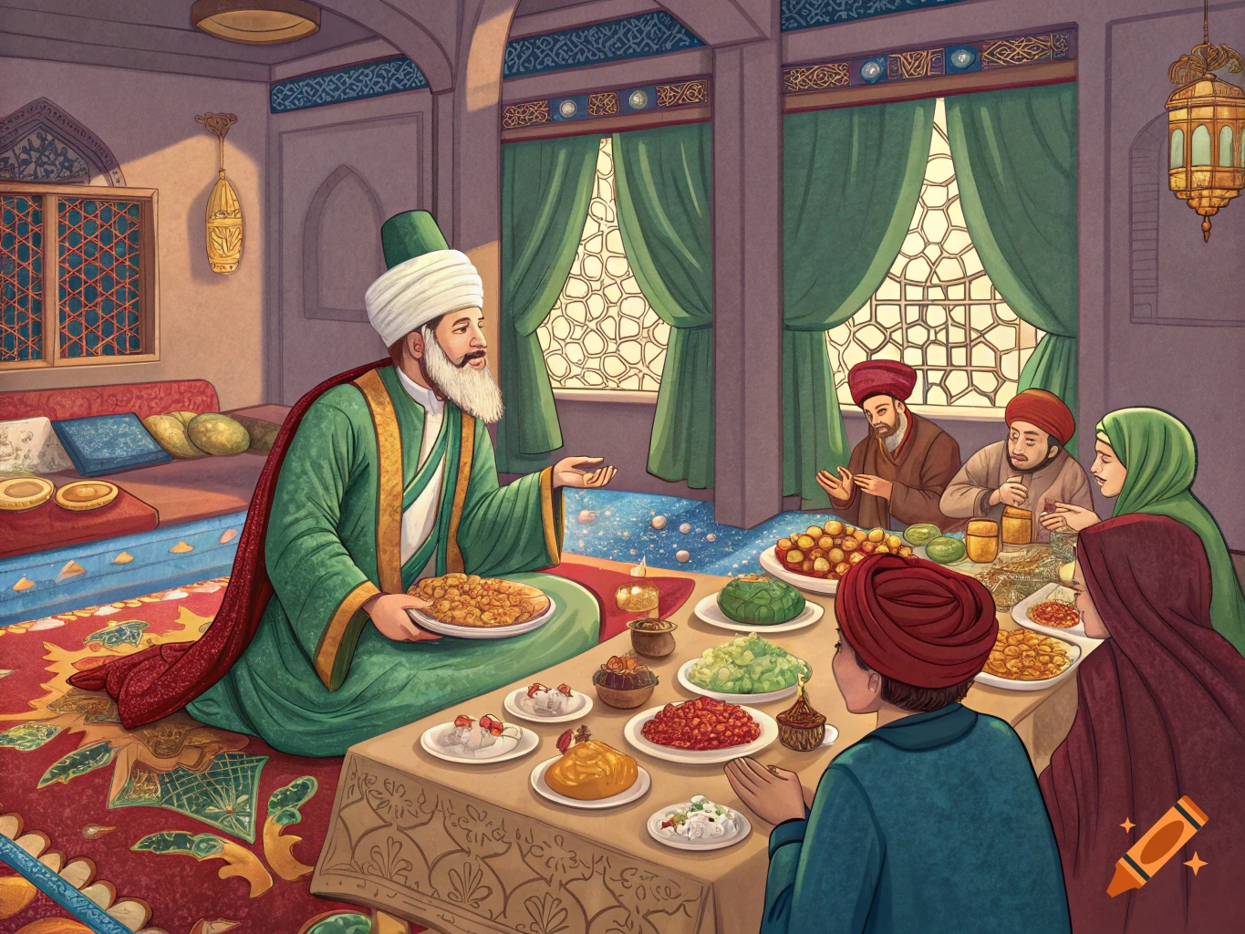 A historical illustration shows a Sufi saint and guests feasting at a long table in a richly decorated room.