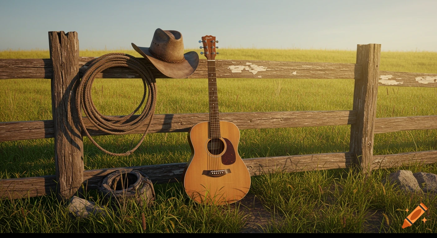 A cowboy hat and lasso hang on a wooden fence next to an acoustic guitar in a grassy field.