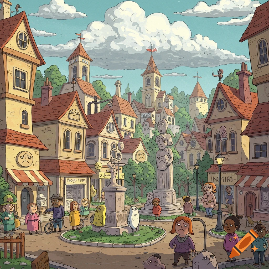 Cartoon illustration of a town square with sad-looking characters, buildings, and a statue under a cloudy sky.