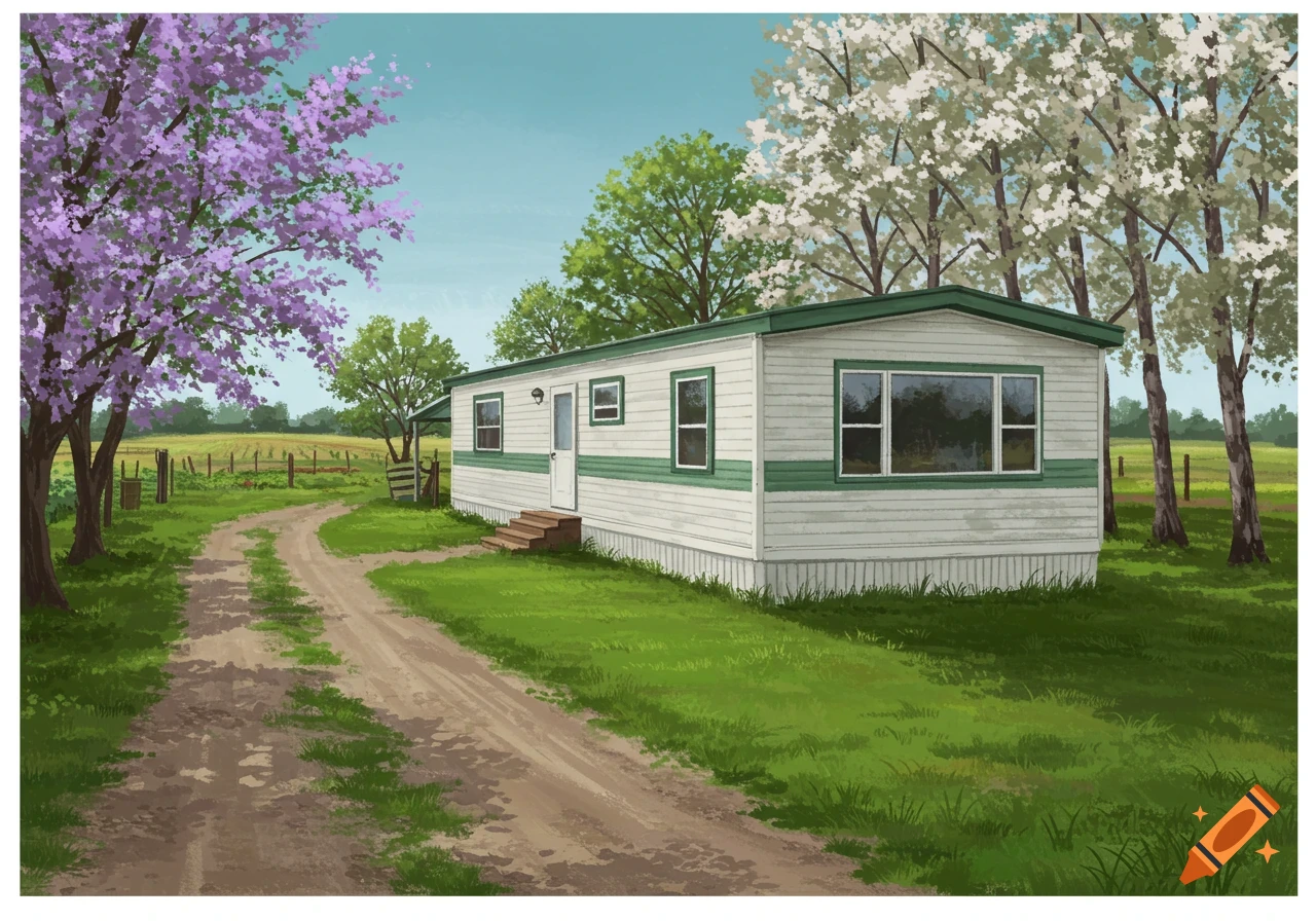 Digital painting of a white mobile home with green trim by a dirt road, surrounded by trees and fields.
