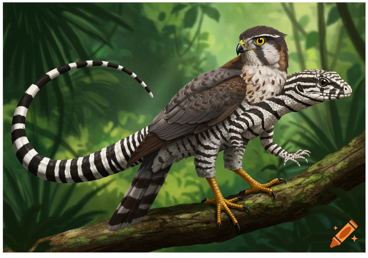 An illustration of a creature hybrid, part hawk and part zebra-tailed lizard, perched on a branch in a jungle.