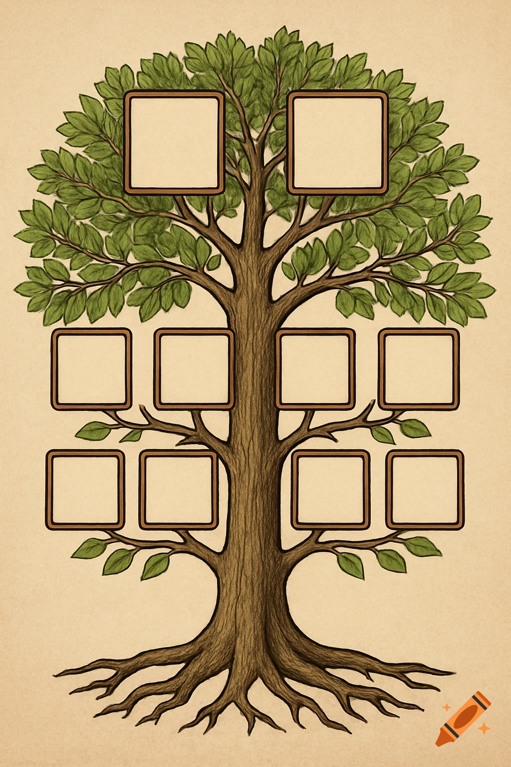 Hand-drawn illustration of a family tree with blank frames on branches and top.
