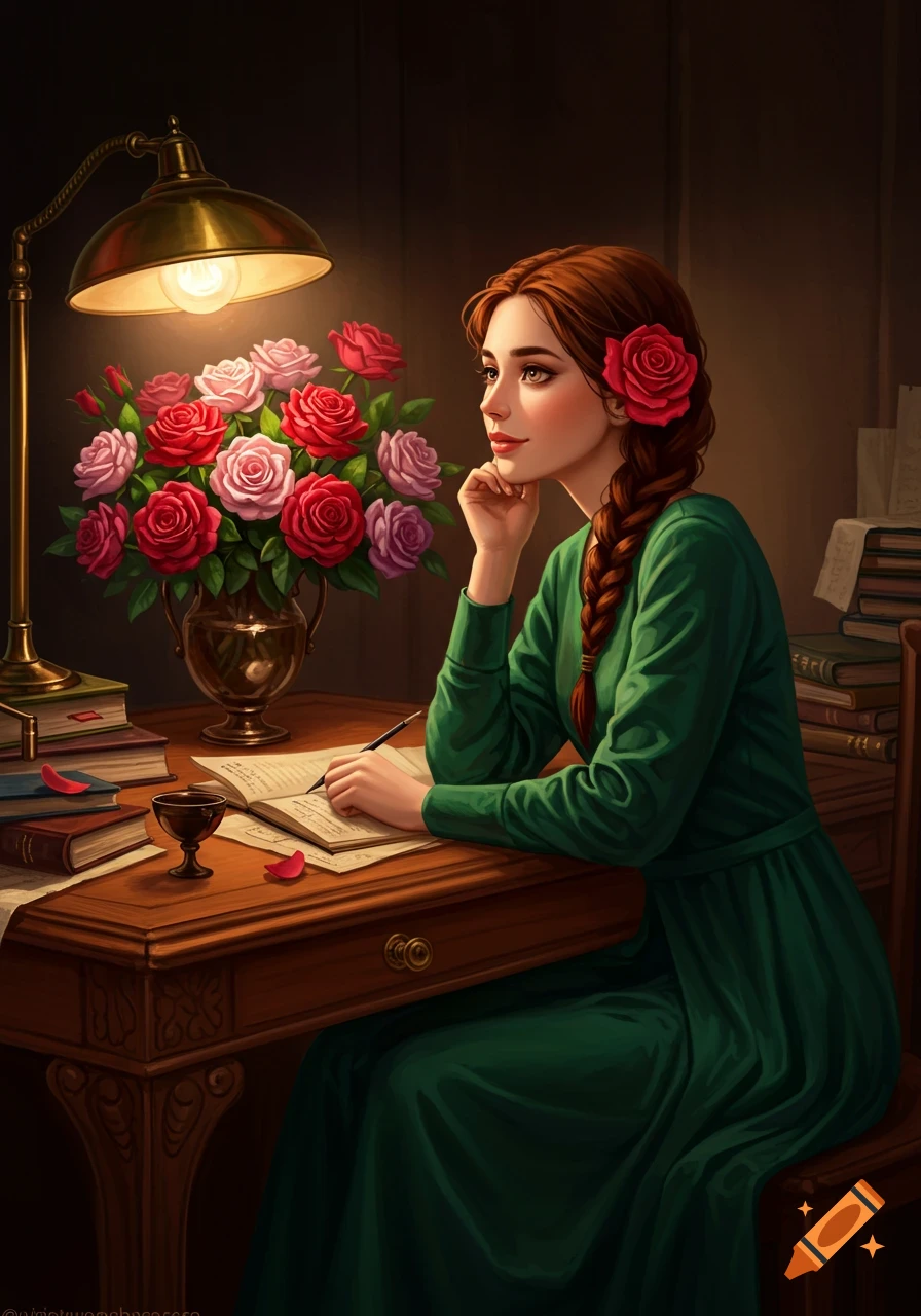 A woman with red hair braided, wearing a green dress, writes at a desk with a lamp, books, and a vase of red and pink roses.