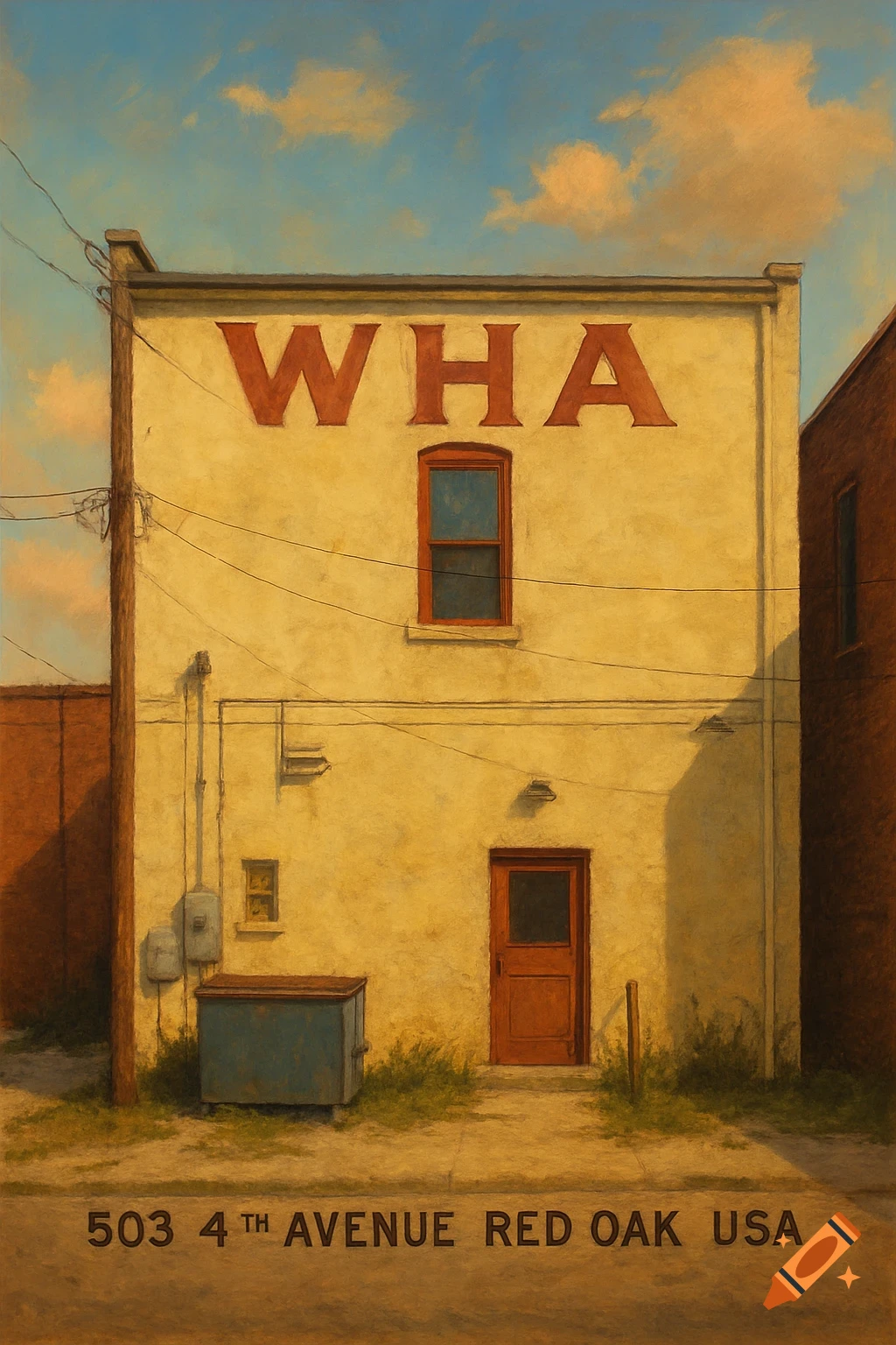 A cream-colored building with red text "WHA" on top, a door, window, utility box, dumpster, and text "503 4TH AVENUE RED OAK USA" on the ground in a painterly style.