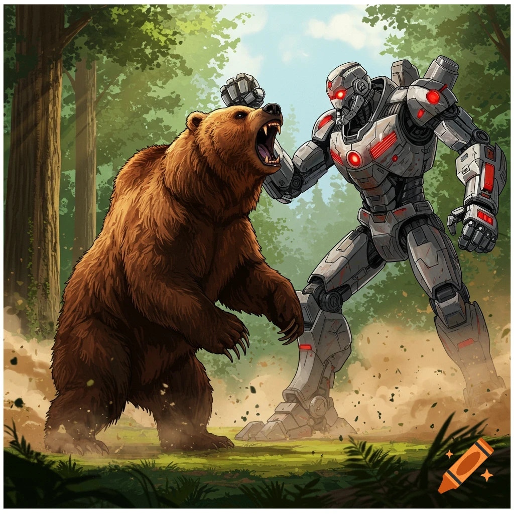 A comic book style illustration of a bear fighting a robot in a forest.