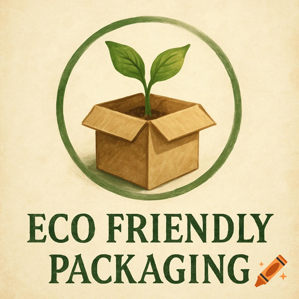 Logo of a plant growing in a box, surrounded by a circle, with the text 'ECO FRIENDLY PACKAGING'. Watercolor style.