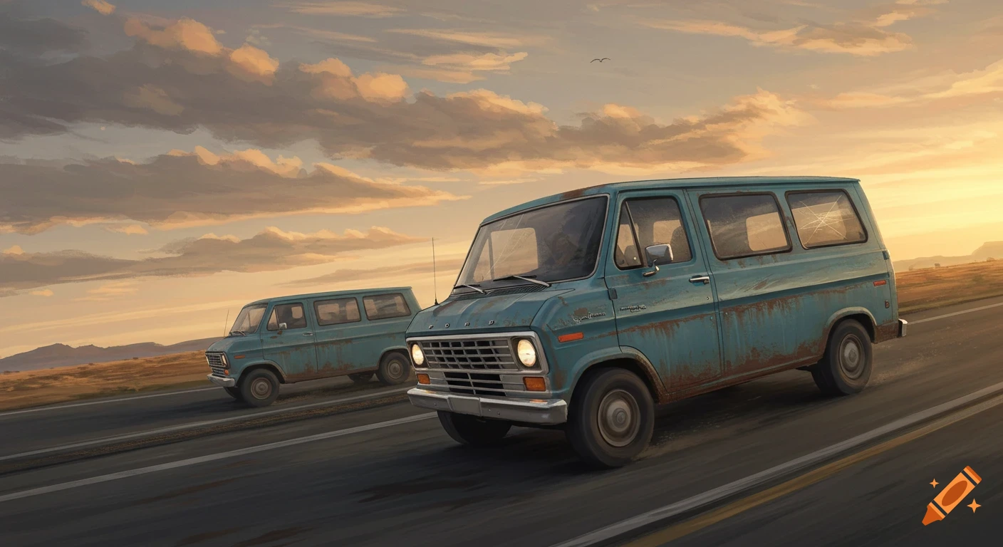 Two old blue vans drive on a desert road at sunset, digital painting.