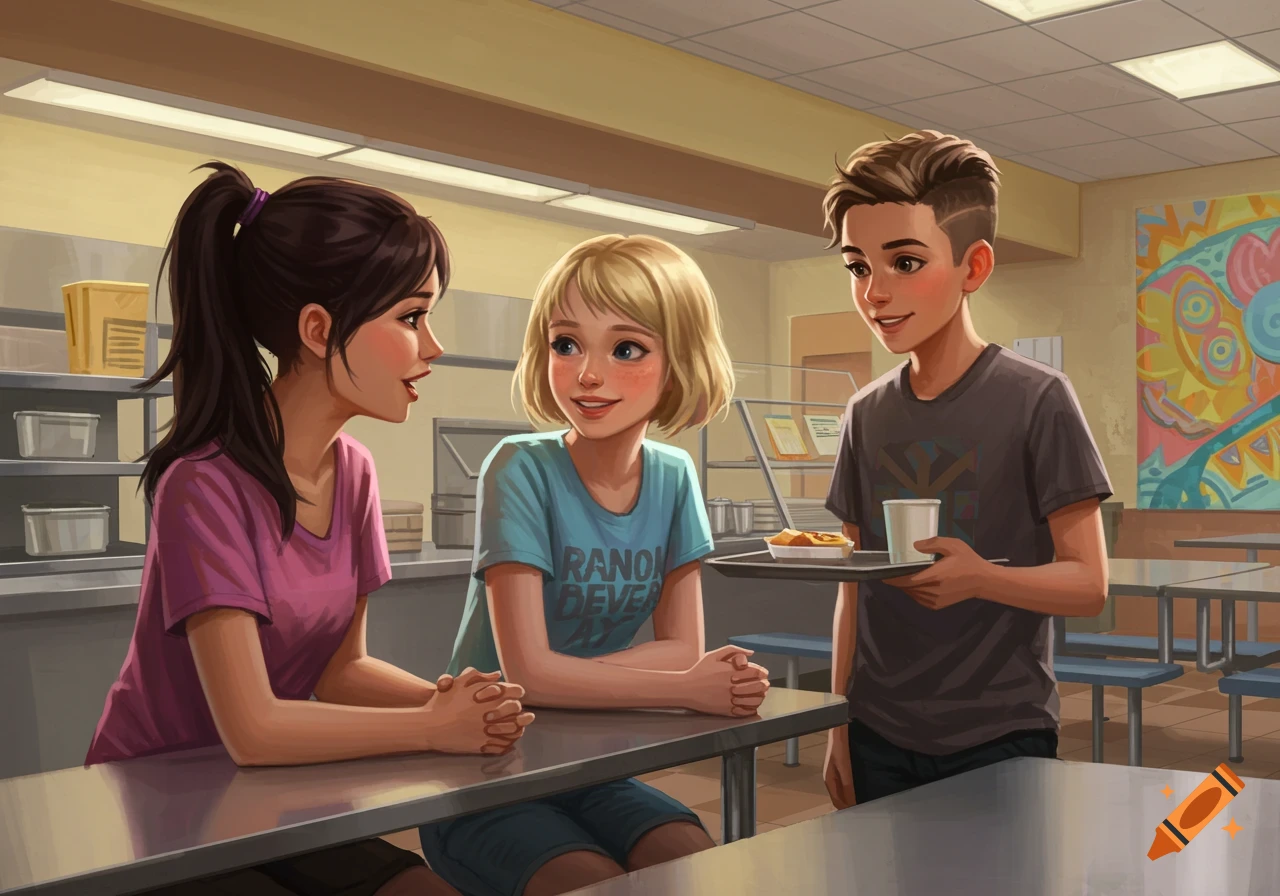 Three kids sit at a table in a school cafeteria.