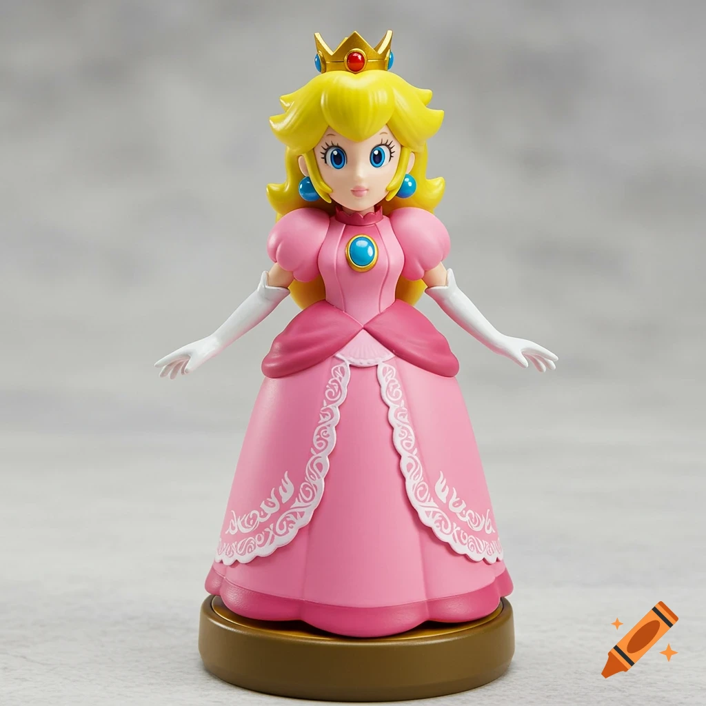A Princess Peach amiibo figure standing on a base.