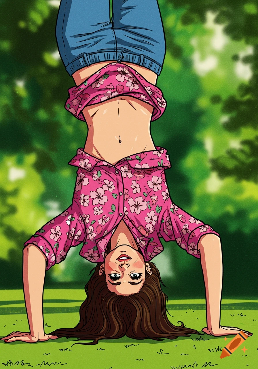 Illustration of a woman in a pink floral shirt and jeans doing a handstand, showing her belly button, in a park.