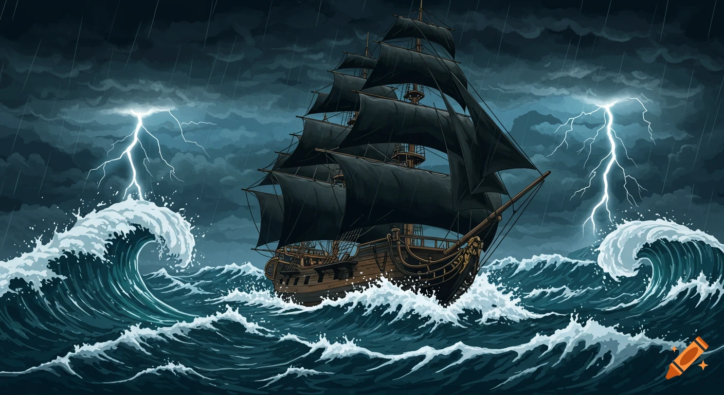 An illustration of a wooden pirate ship with black sails sailing through a stormy sea with lightning strikes.