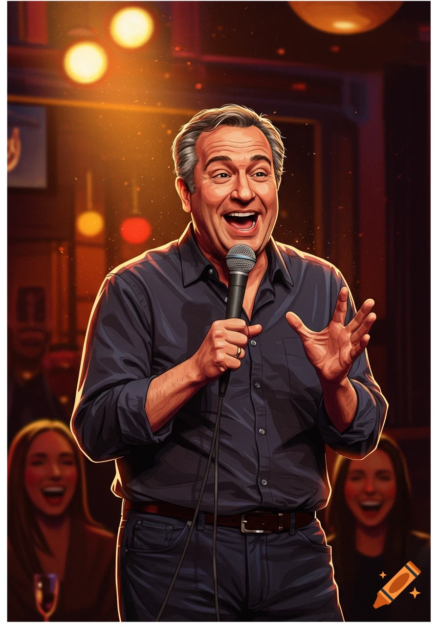 Illustration of a laughing man on stage with a microphone during a comedy performance.