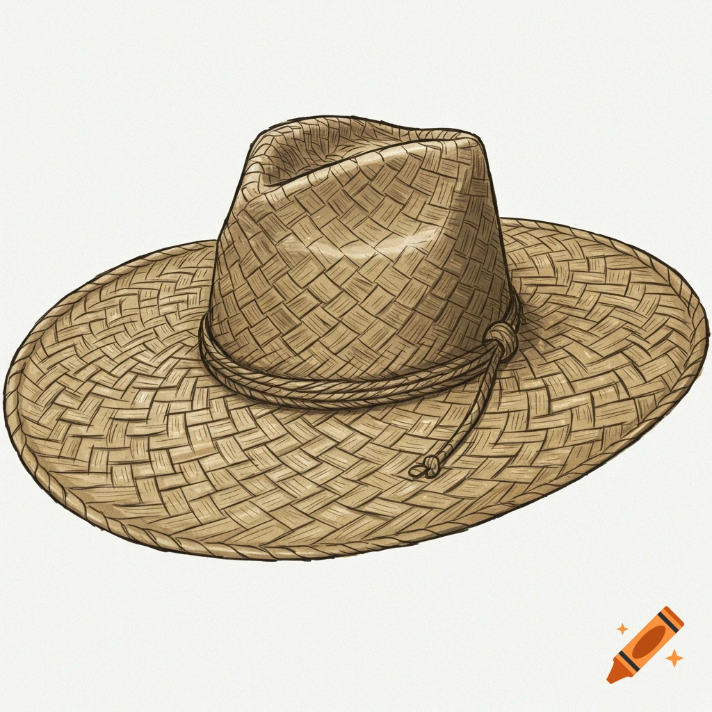 An illustration of a straw hat with a wide brim and a rope band.