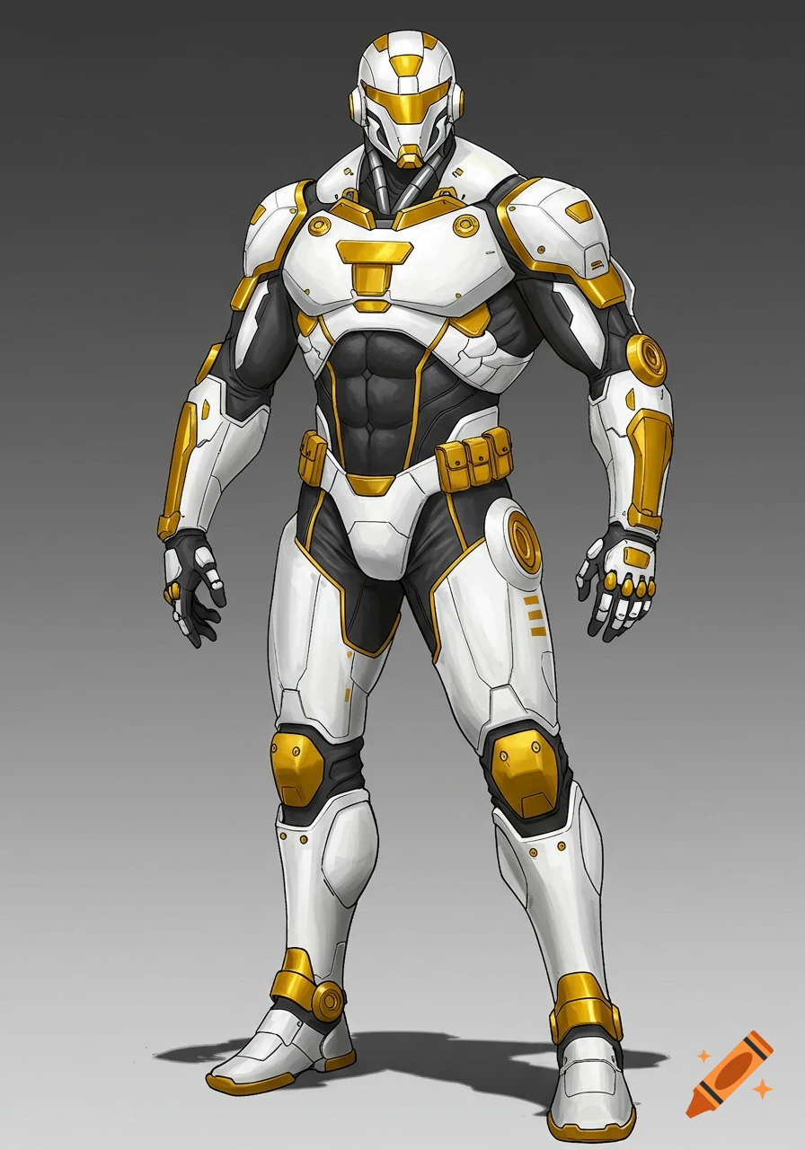 Illustration of a futuristic soldier in white and gold armor
