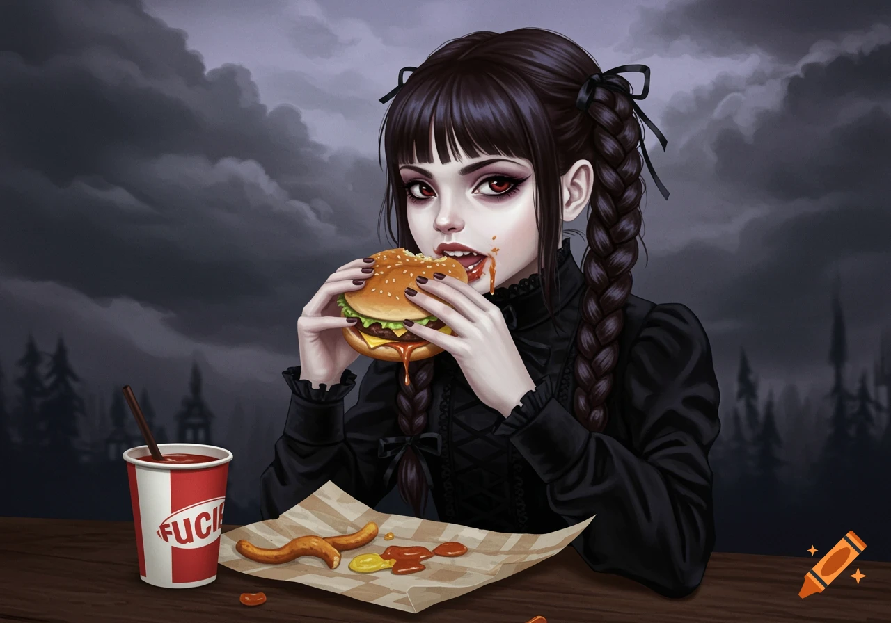 Gothic girl with braided hair eating a burger at a table, stormy sky background, illustration style.