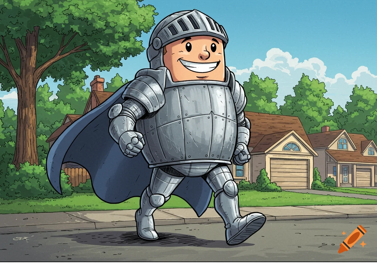Cartoon knight mascot walking on a suburban sidewalk