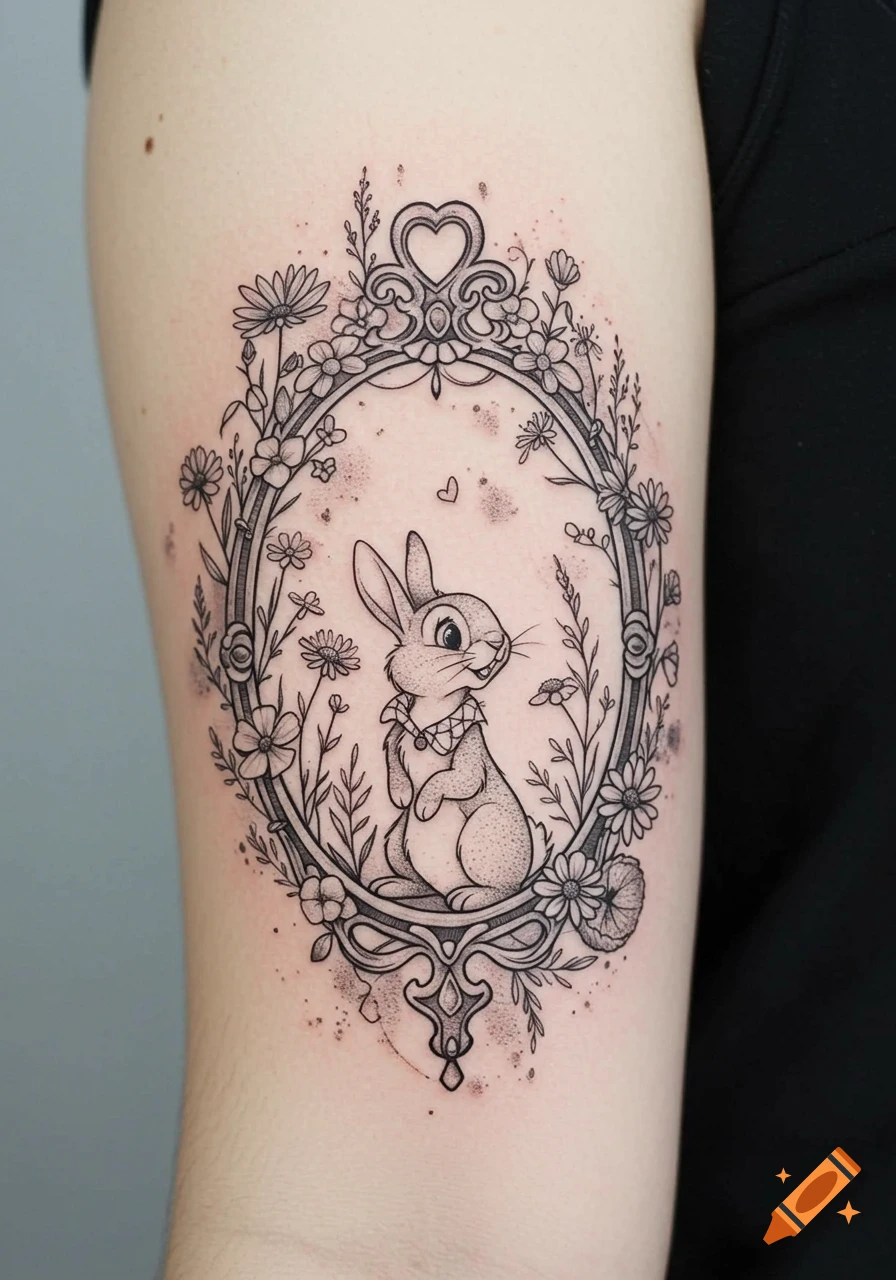 Black and grey tattoo of a bunny in an ornate floral frame on an arm.