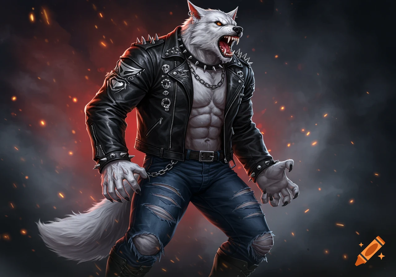 Muscular white werewolf in a leather jacket and ripped jeans against a dark, fiery background.