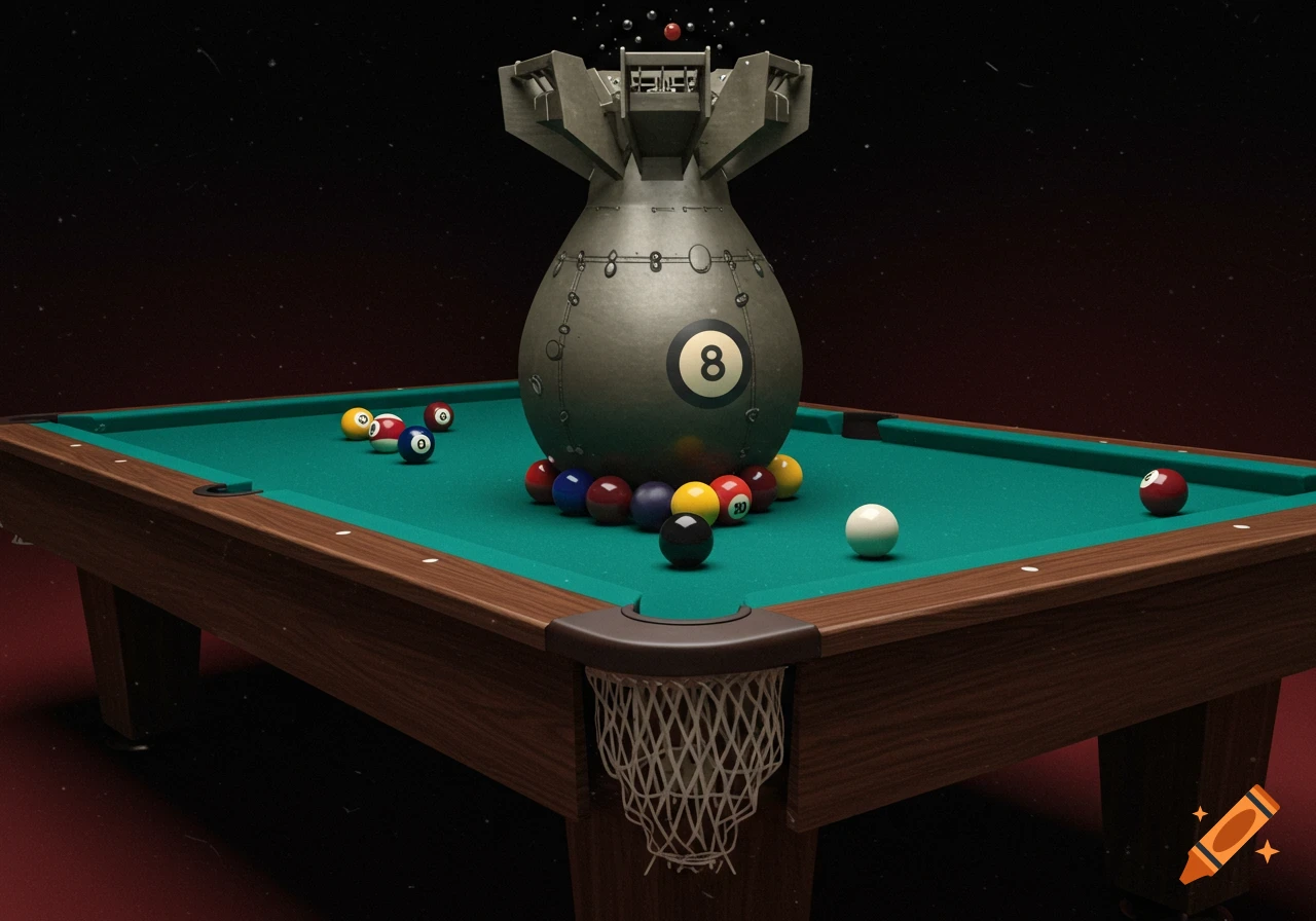 An atomic bomb rests on a pool table, acting as the 8-ball, surrounded by other billiard balls.