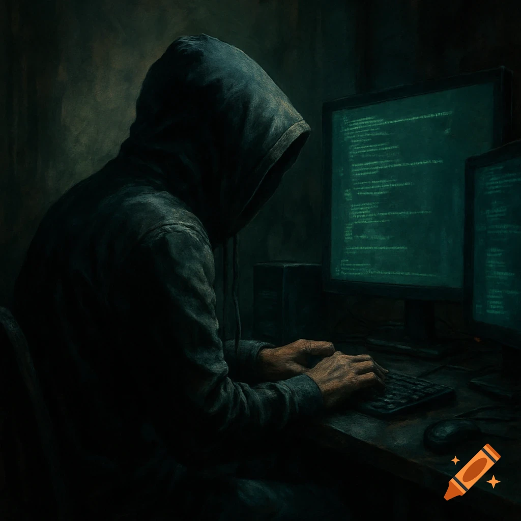 A hooded figure types on a keyboard in front of glowing computer screens displaying code.