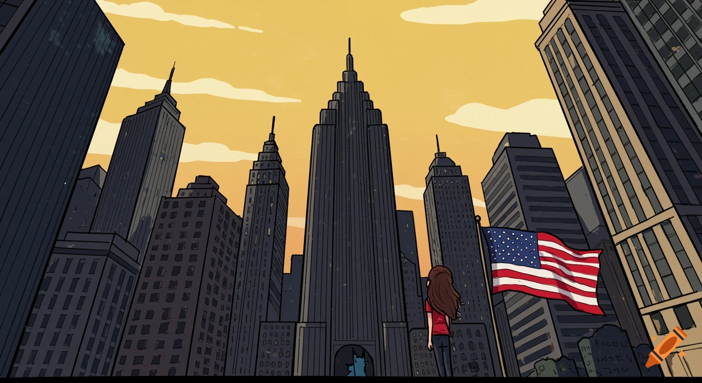 Cartoon drawing of a girl looking up at a tall city skyline with an American flag.