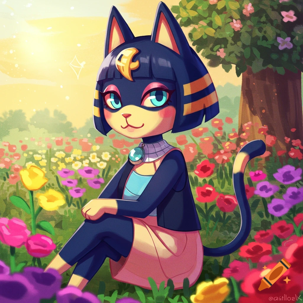 Ankha from Animal Crossing sits in a field of colorful flowers