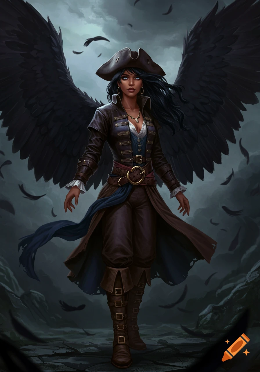 A woman in pirate clothing with large black wings stands in a stormy landscape illustration.